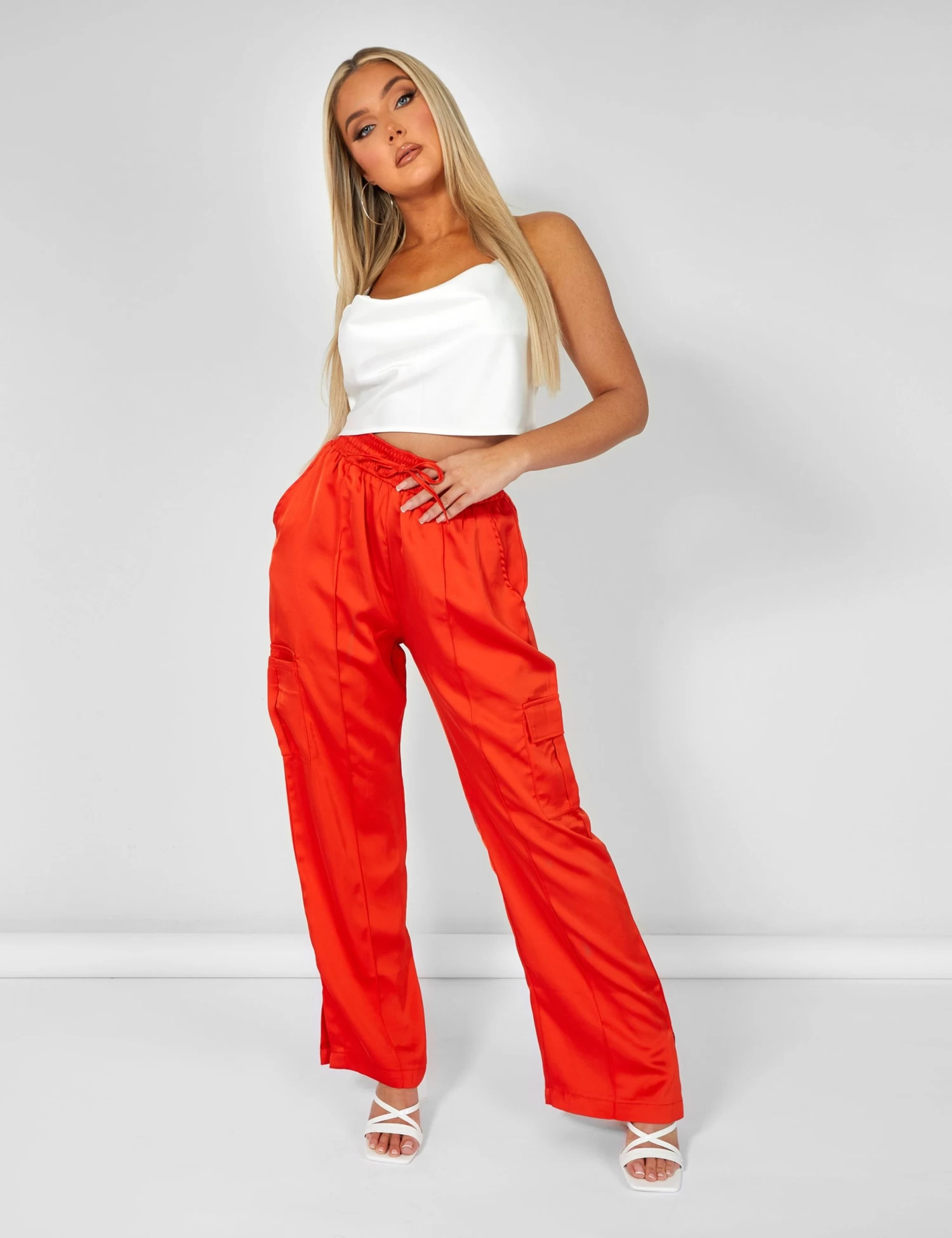 Split Hem Satin Elasticated Waist Joggers Red 1 Split Hem Satin Elasticated Waist Joggers Red