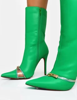 Pitstop Green Pu Zip Detail Pointed Toe Stiletto Heel Ankle Boots -Chic Step Shop new3 scaled