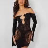 Mesh Panel Keyhole Off The Shoulder Asymmetric Mini Dress Black