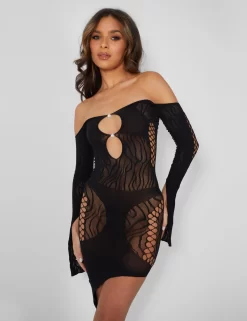 Mesh Panel Keyhole Off The Shoulder Asymmetric Mini Dress Black -Chic Step Shop pdc20.32409copy scaled