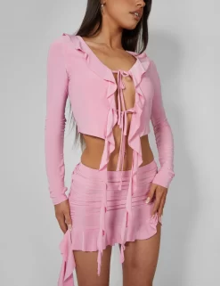 Frill Detail Tie Front Cardigan Top Baby Pink -Chic Step Shop pdc21.034372Mar212023copy