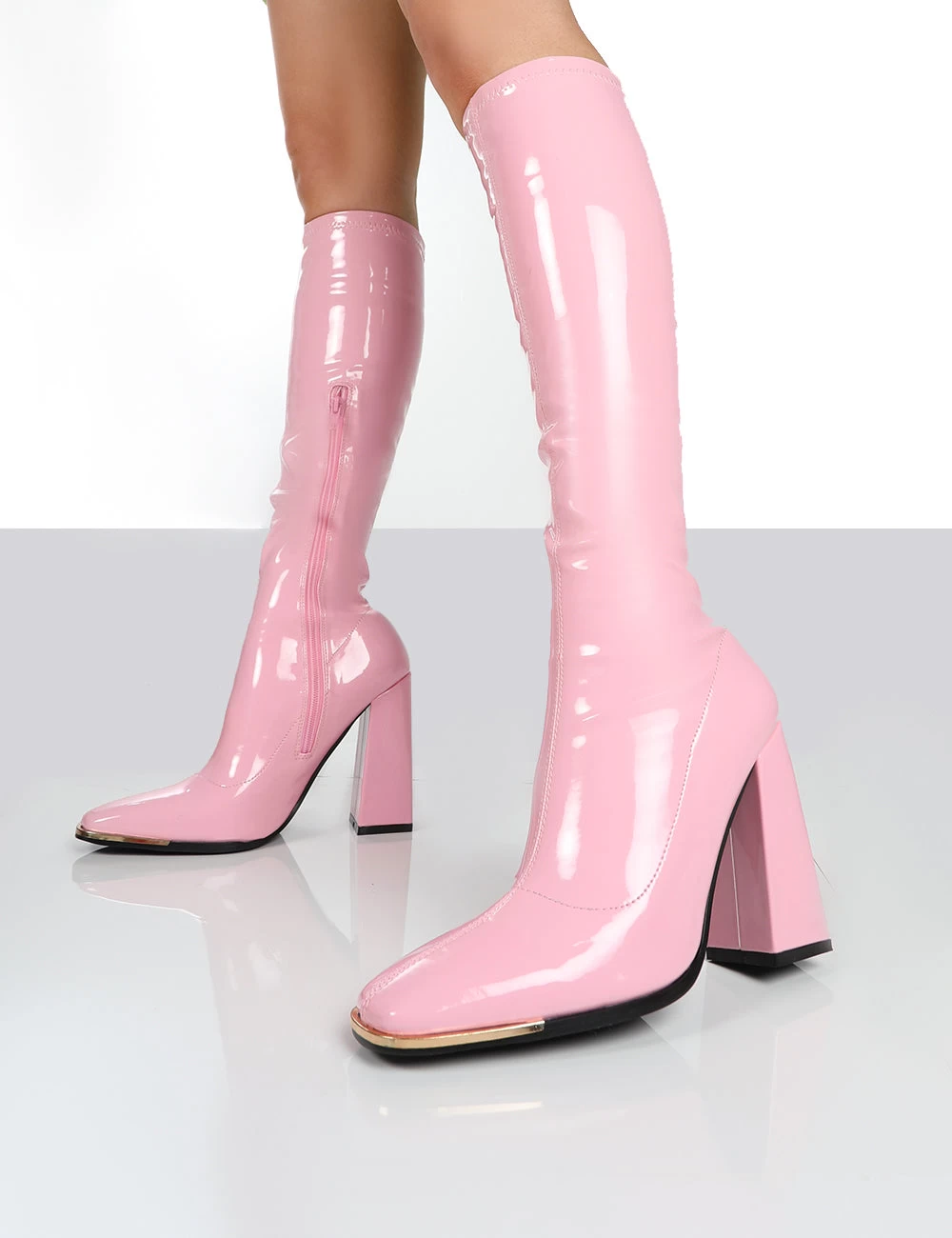 Caryn Pink Patent Knee High Heeled Boots 4 Caryn Pink Patent Knee High Heeled Boots - Image 4