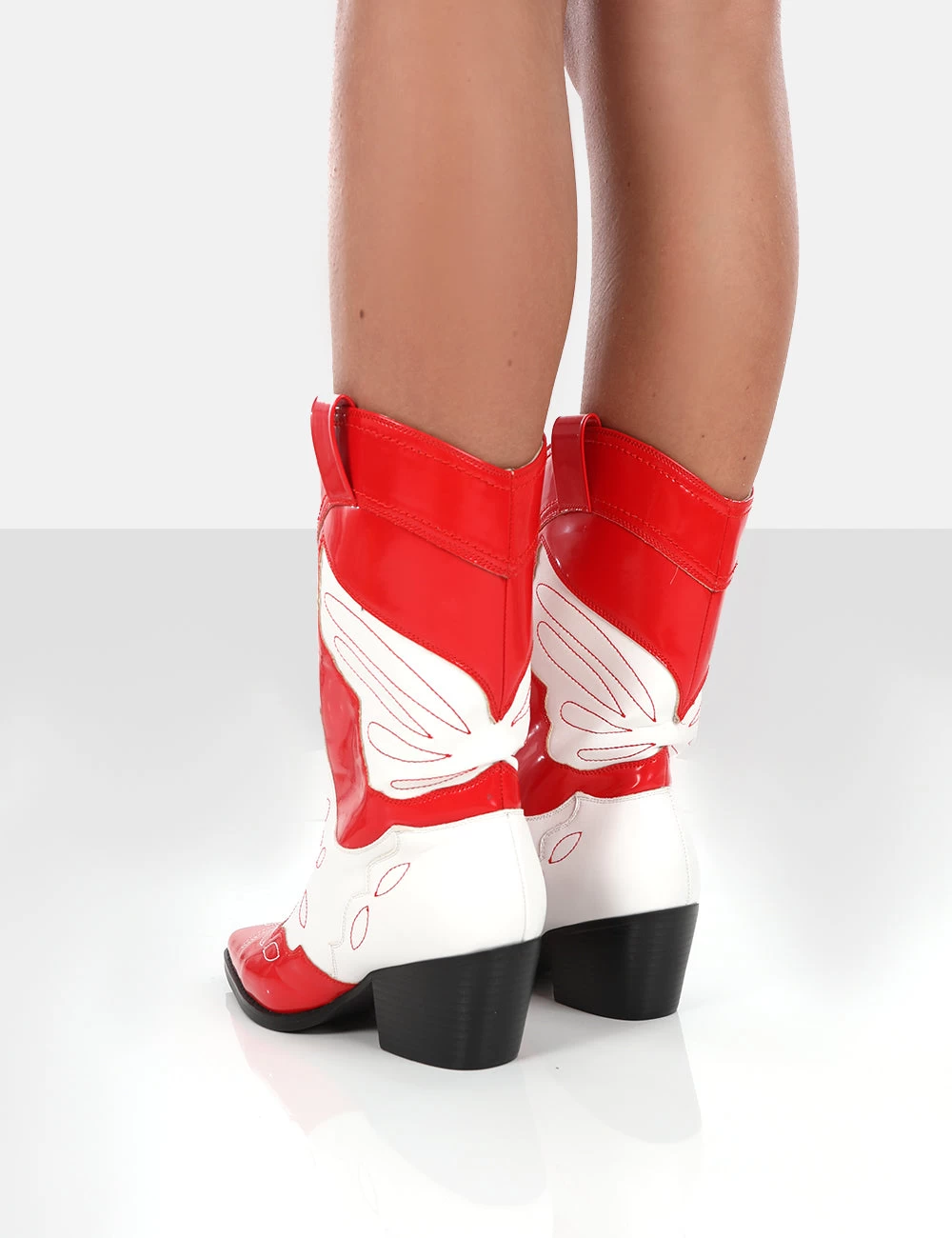 Howdy Red Patent Pointed Toe Western Cowboy Block Ankle Boots 2 Howdy Red Patent Pointed Toe Western Cowboy Block Ankle Boots - Image 2