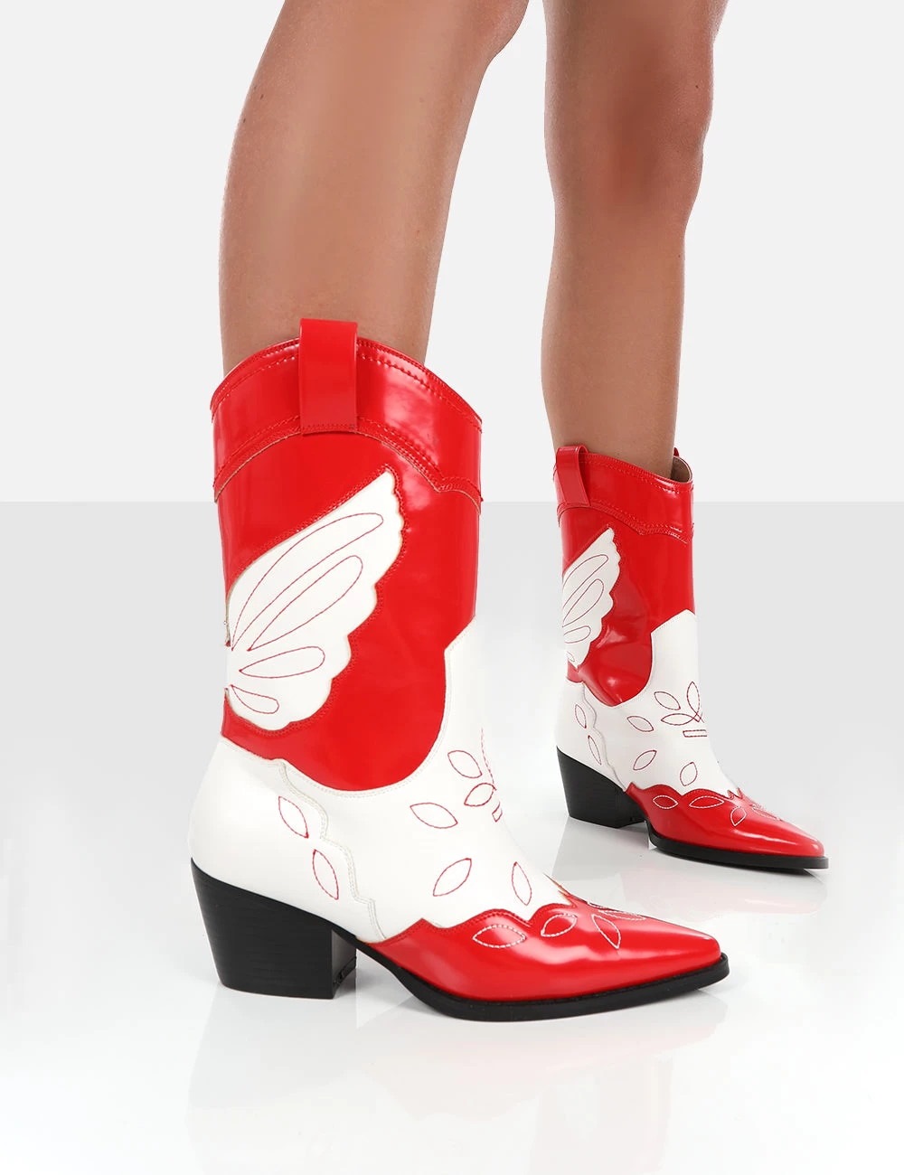 Howdy Red Patent Pointed Toe Western Cowboy Block Ankle Boots 1 Howdy Red Patent Pointed Toe Western Cowboy Block Ankle Boots