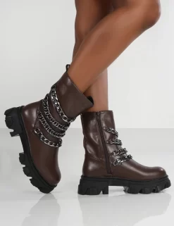 Restrain Chocolate Pu Chain Detail Platform Chunky Sole Ankle Boot -Chic Step Shop restrain0018