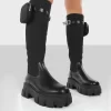 Showing Up Black PU Platform Chunky Sole Pocket Detail Knee High Boots