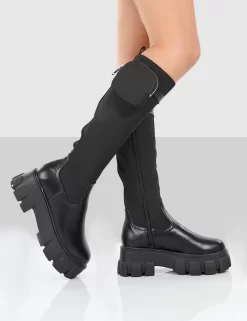 Showing Up Black PU Platform Chunky Sole Pocket Detail Knee High Boots -Chic Step Shop showingupblackwalking